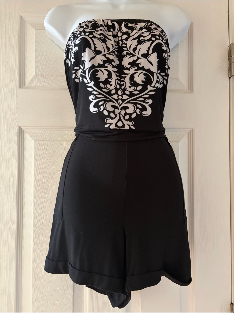 Black and White Strapless Patterned Women's Romper